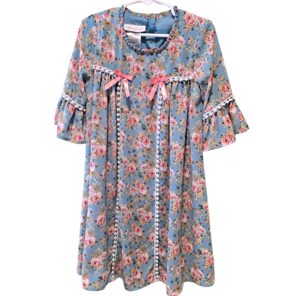 Bonnie Jean Blue Floral Baby Doll Style Dress with Pink Accents Kid's Size 6